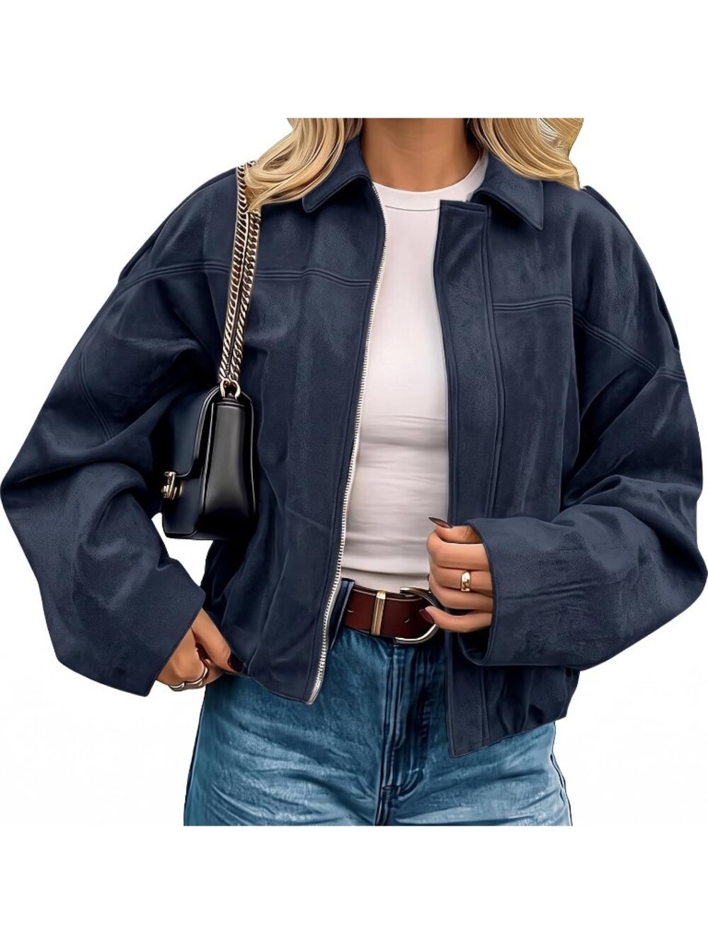 Women’s Blue Faux Suede Cropped Open Front Lapel Pocket Coat Bomber Jacket